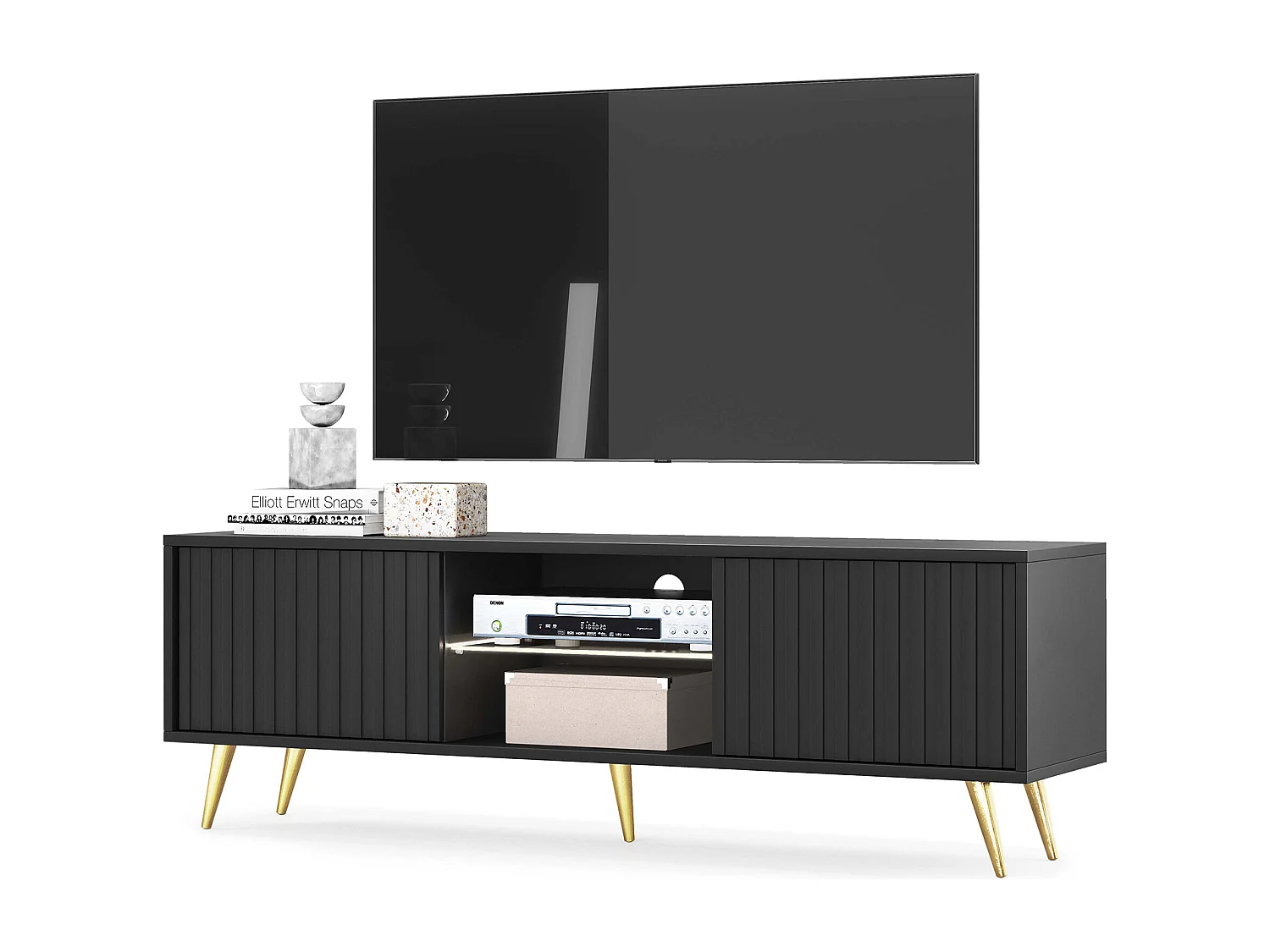 Meuble tv - 135 cm - noir - façades à lamelles et pieds dorés - avec LED - Selsey Bello