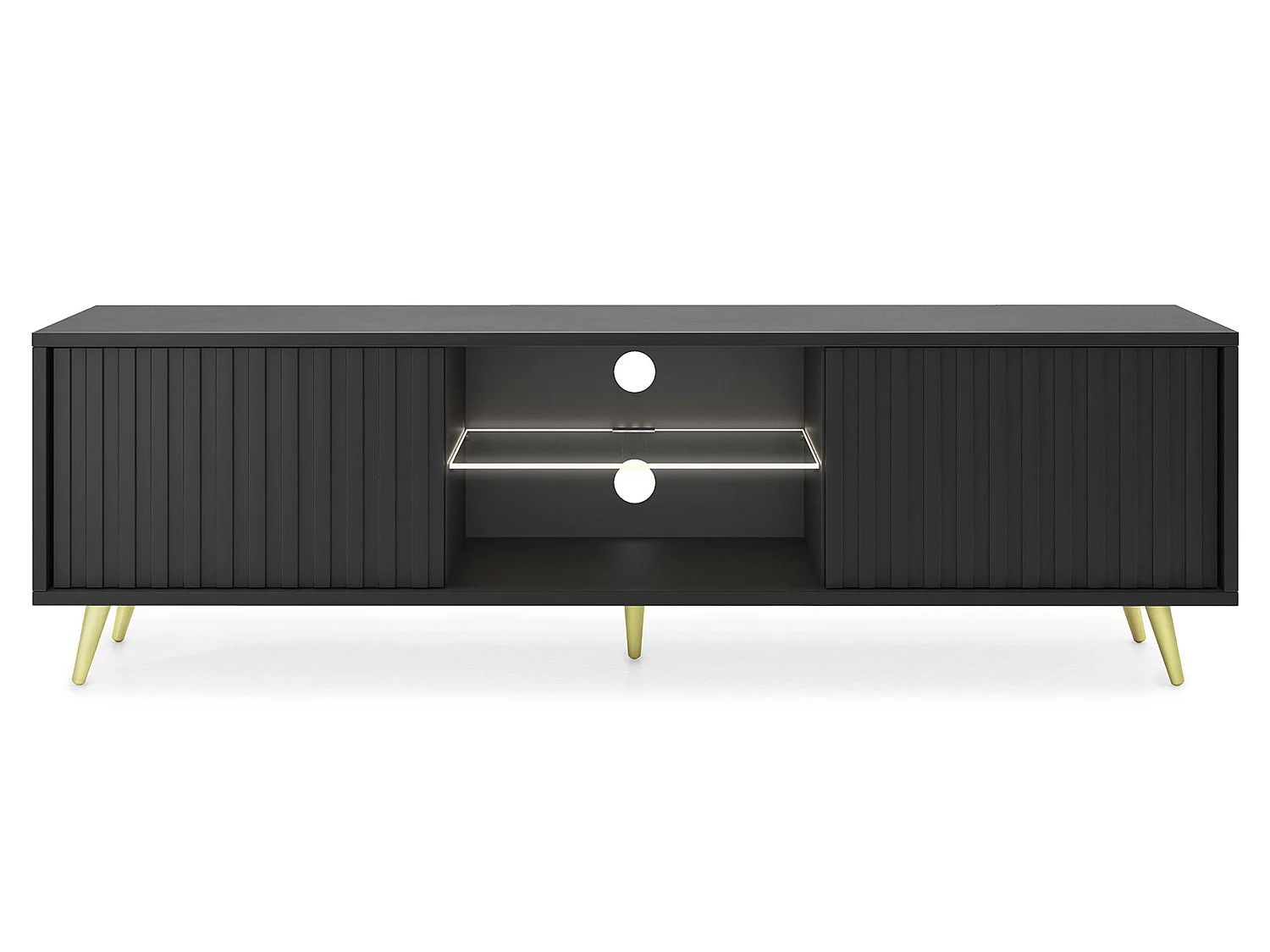 Meuble tv - 135 cm - noir - façades à lamelles et pieds dorés - avec LED - Selsey Bello