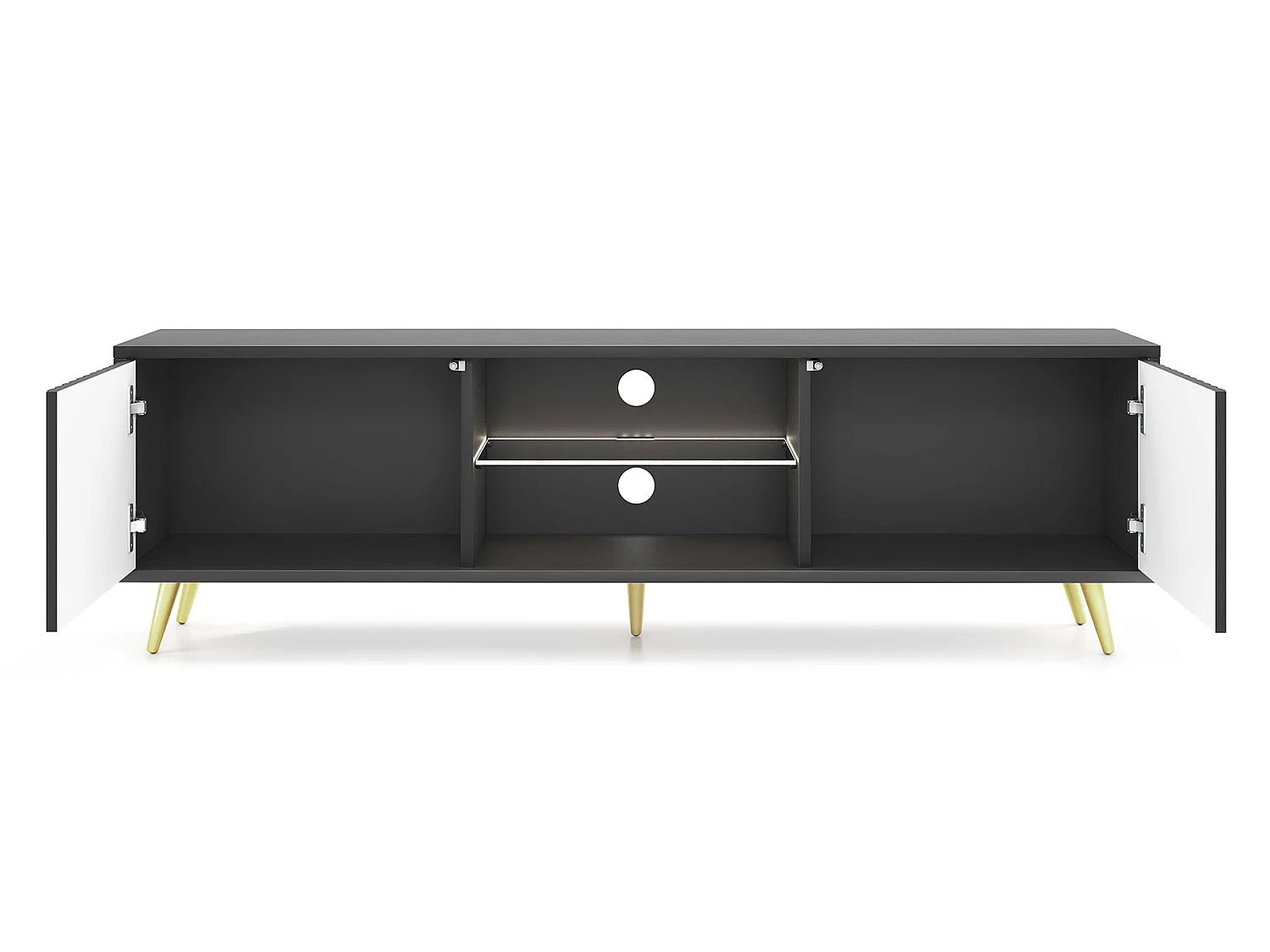 Meuble tv - 135 cm - noir - façades à lamelles et pieds dorés - avec LED - Selsey Bello