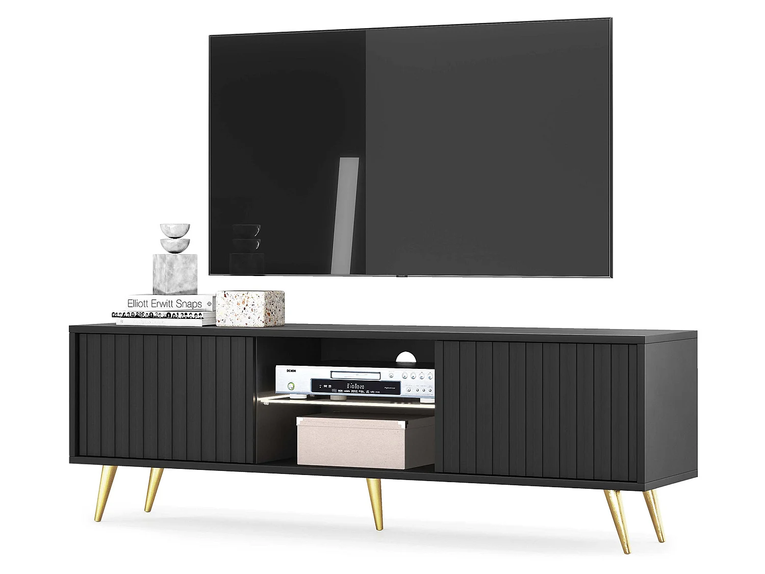 Meuble tv - 135 cm - noir - façades à lamelles et pieds dorés - avec LED - Selsey Bello
