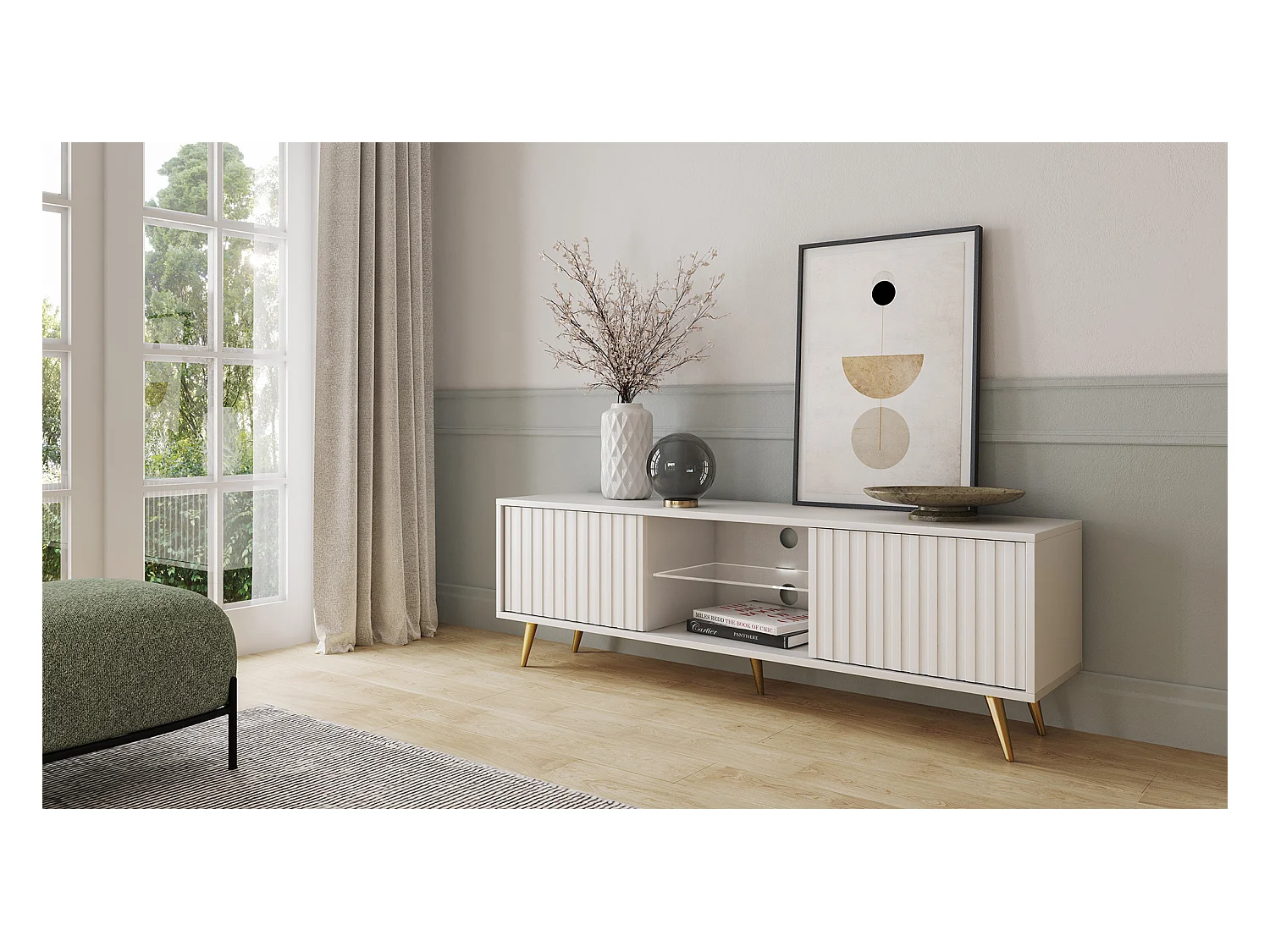 TV-meubel - 135 cm - wit - lamellenfronten en gouden poten - met LED - Selsey Bello