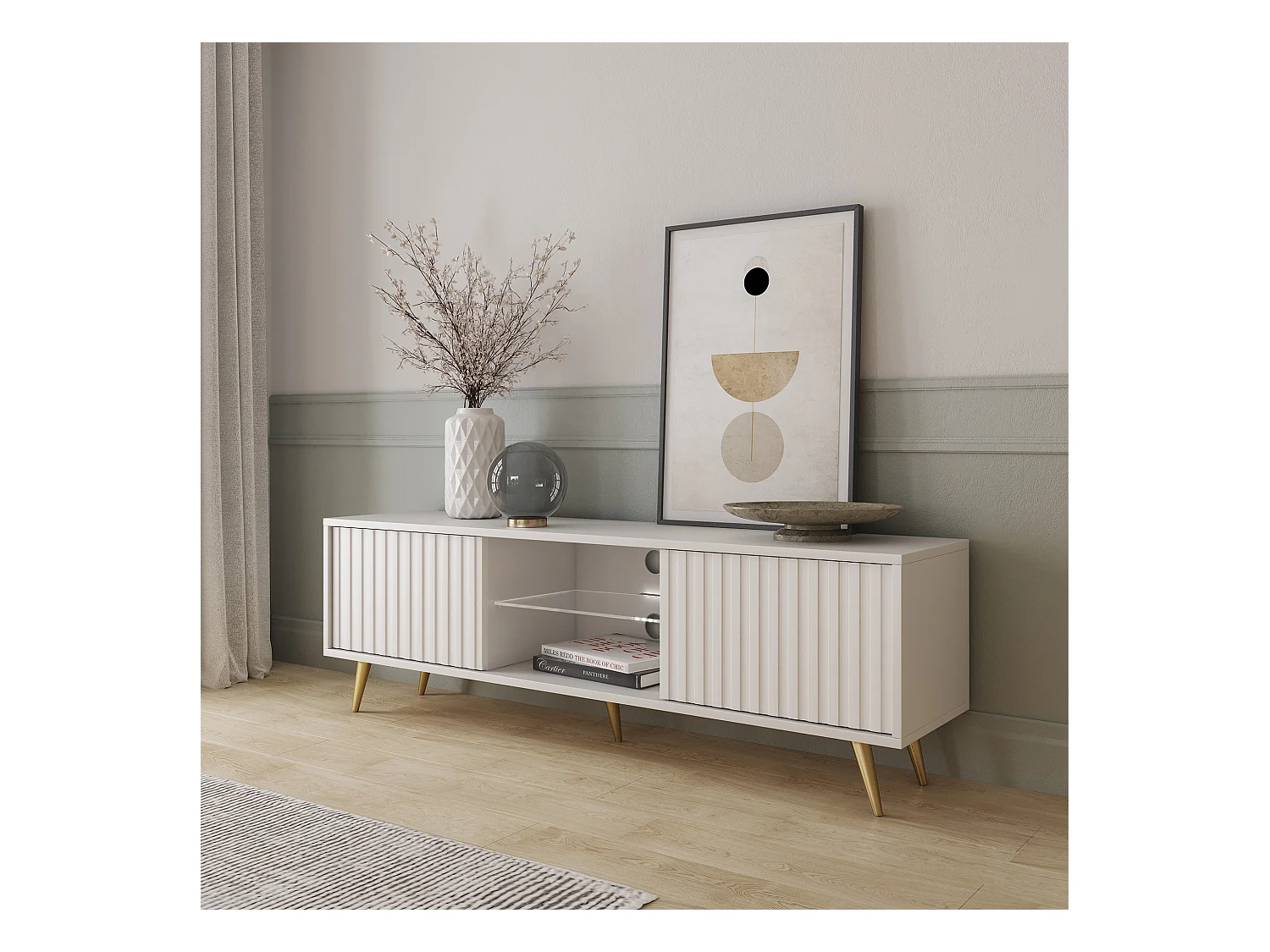 TV-meubel - 135 cm - wit - lamellenfronten en gouden poten - met LED - Selsey Bello