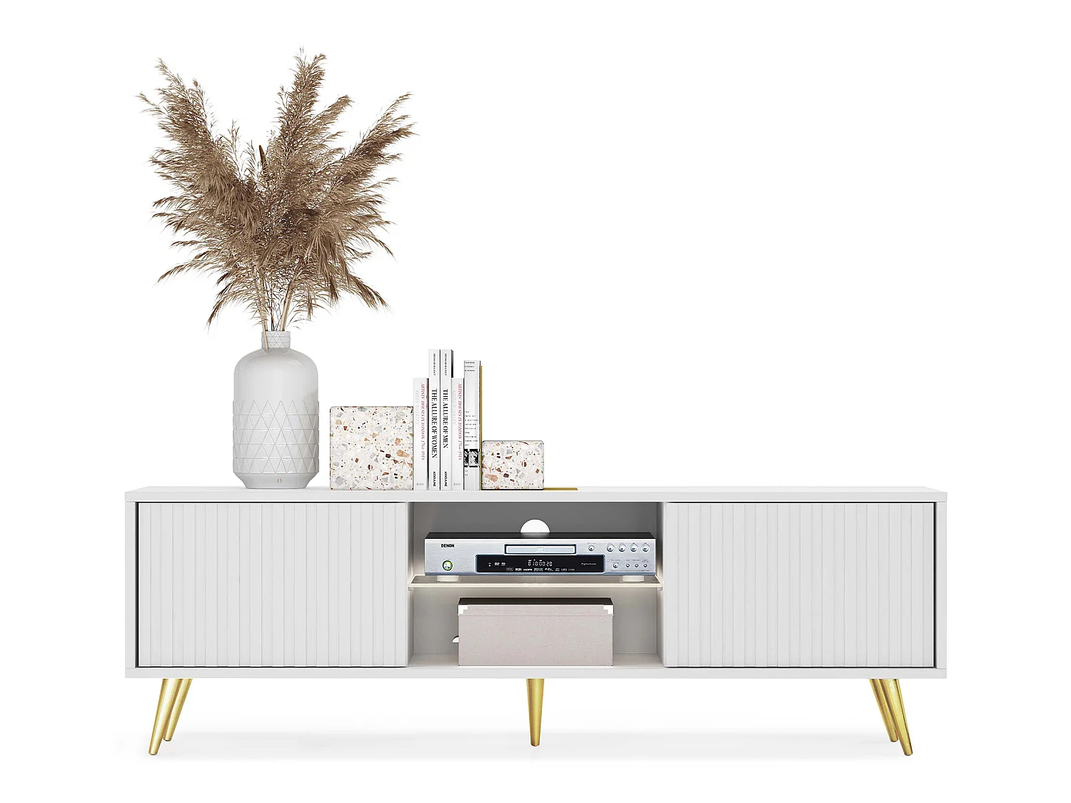 TV-meubel - 135 cm - wit - lamellenfronten en gouden poten - met LED - Selsey Bello