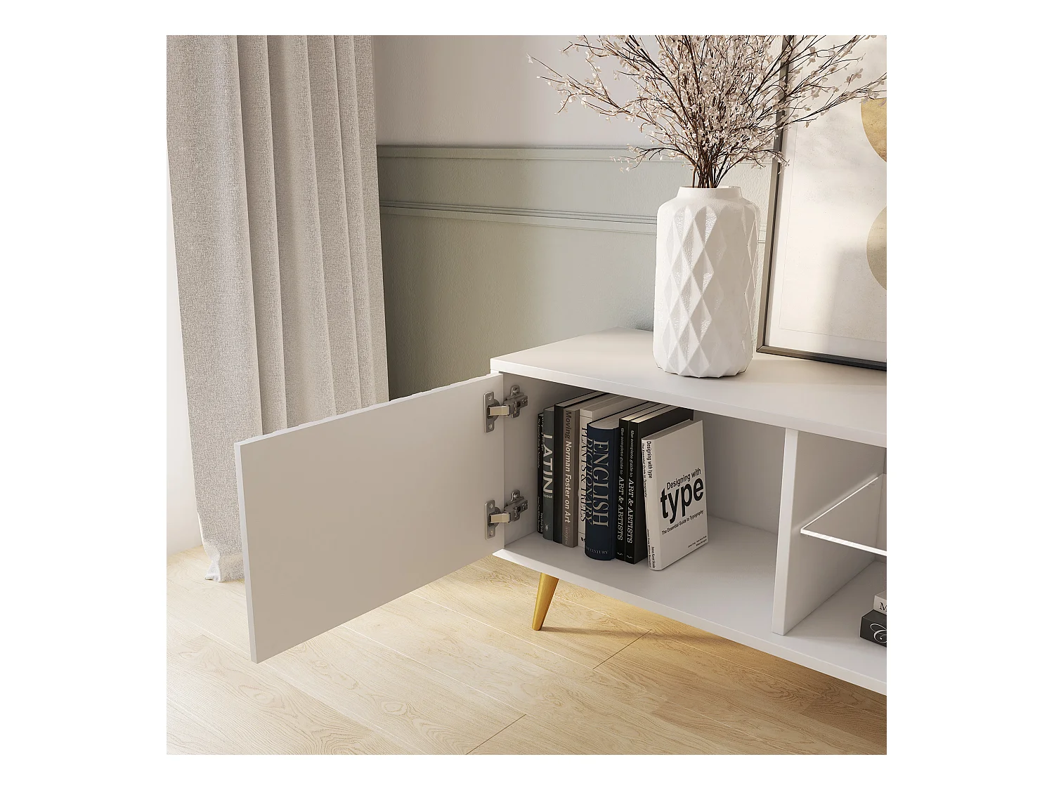 TV-meubel - 135 cm - wit - lamellenfronten en gouden poten - met LED - Selsey Bello