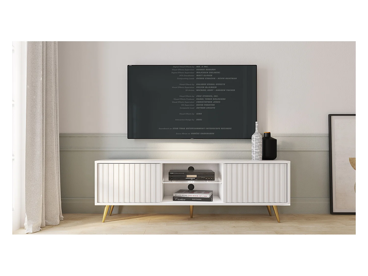 Meuble tv - 135 cm - blanc - façades à lamelles et pieds dorés - avec LED - Selsey Bello