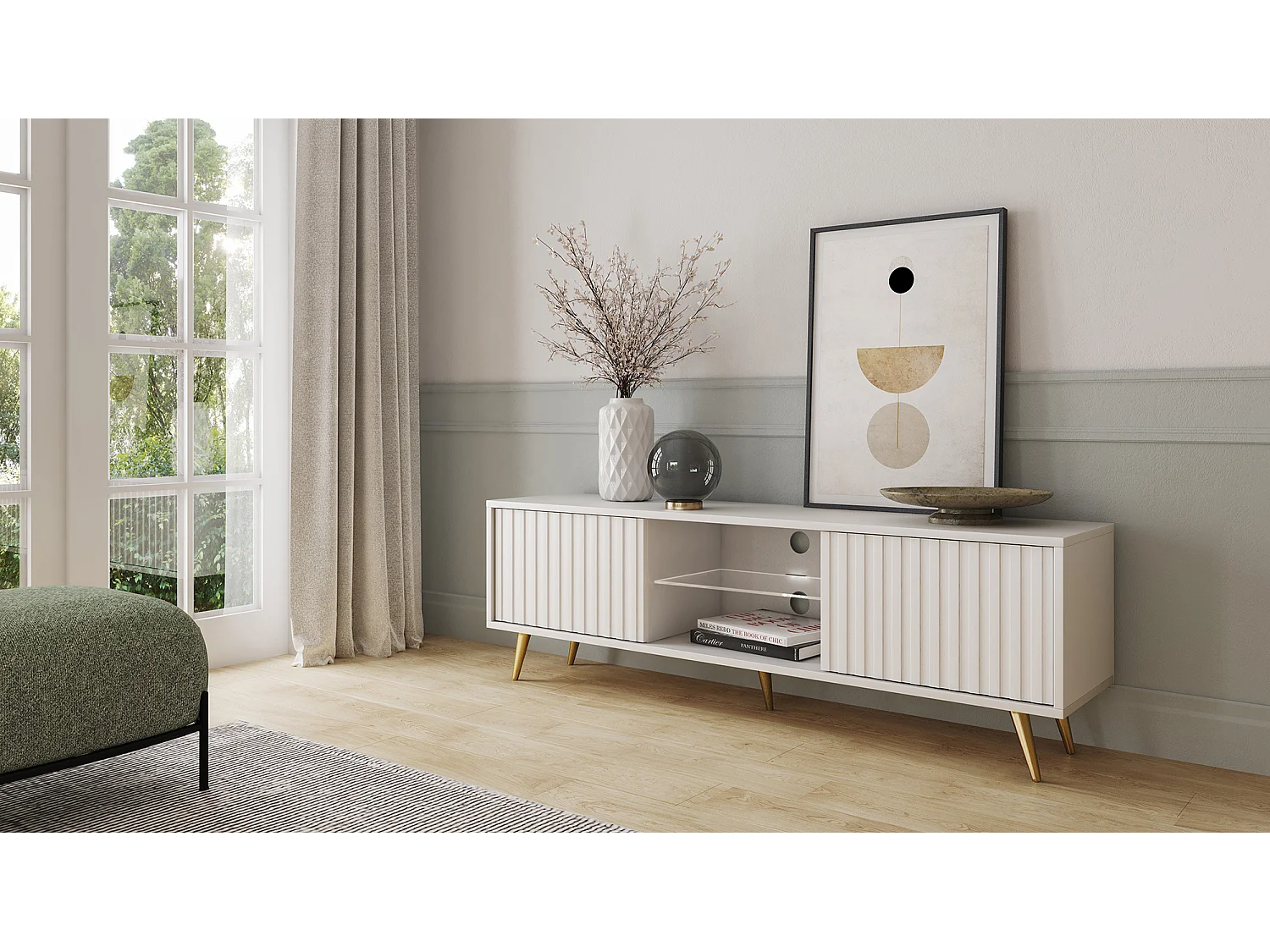 Meuble tv - 135 cm - blanc - façades à lamelles et pieds dorés - avec LED - Selsey Bello