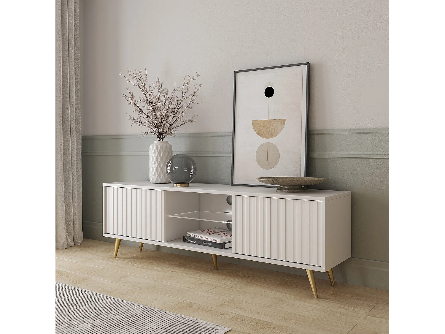 Meuble tv - 135 cm - blanc - façades à lamelles et pieds dorés - avec LED - Selsey Bello