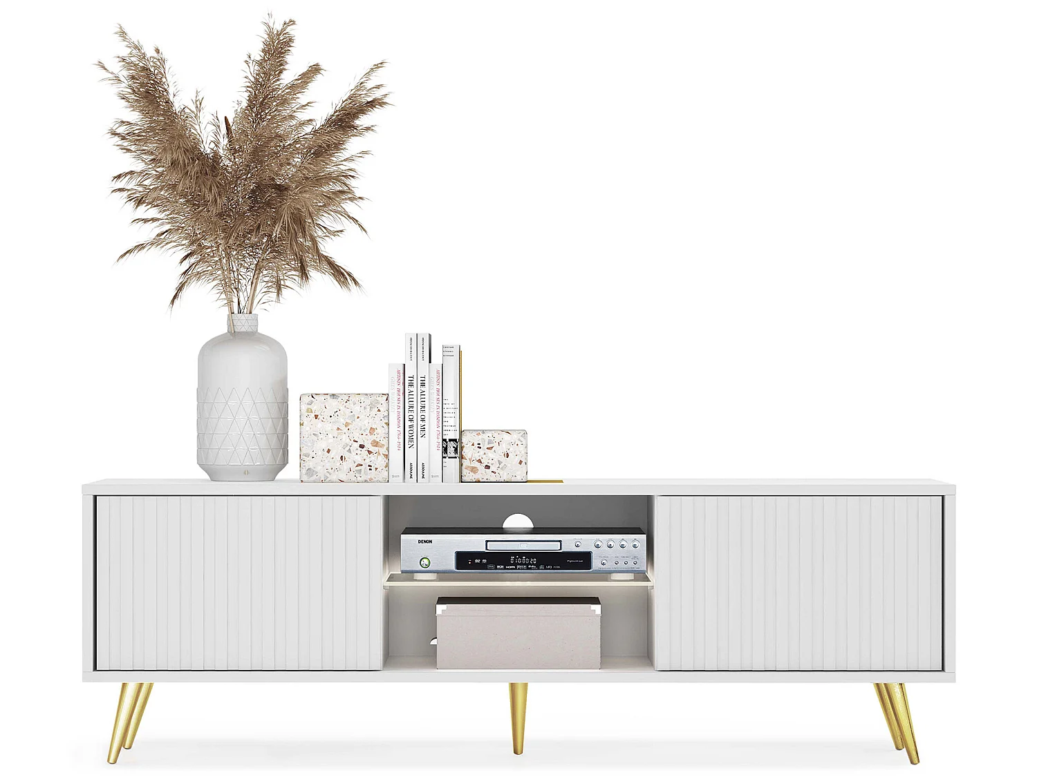 Meuble tv - 135 cm - blanc - façades à lamelles et pieds dorés - avec LED - Selsey Bello