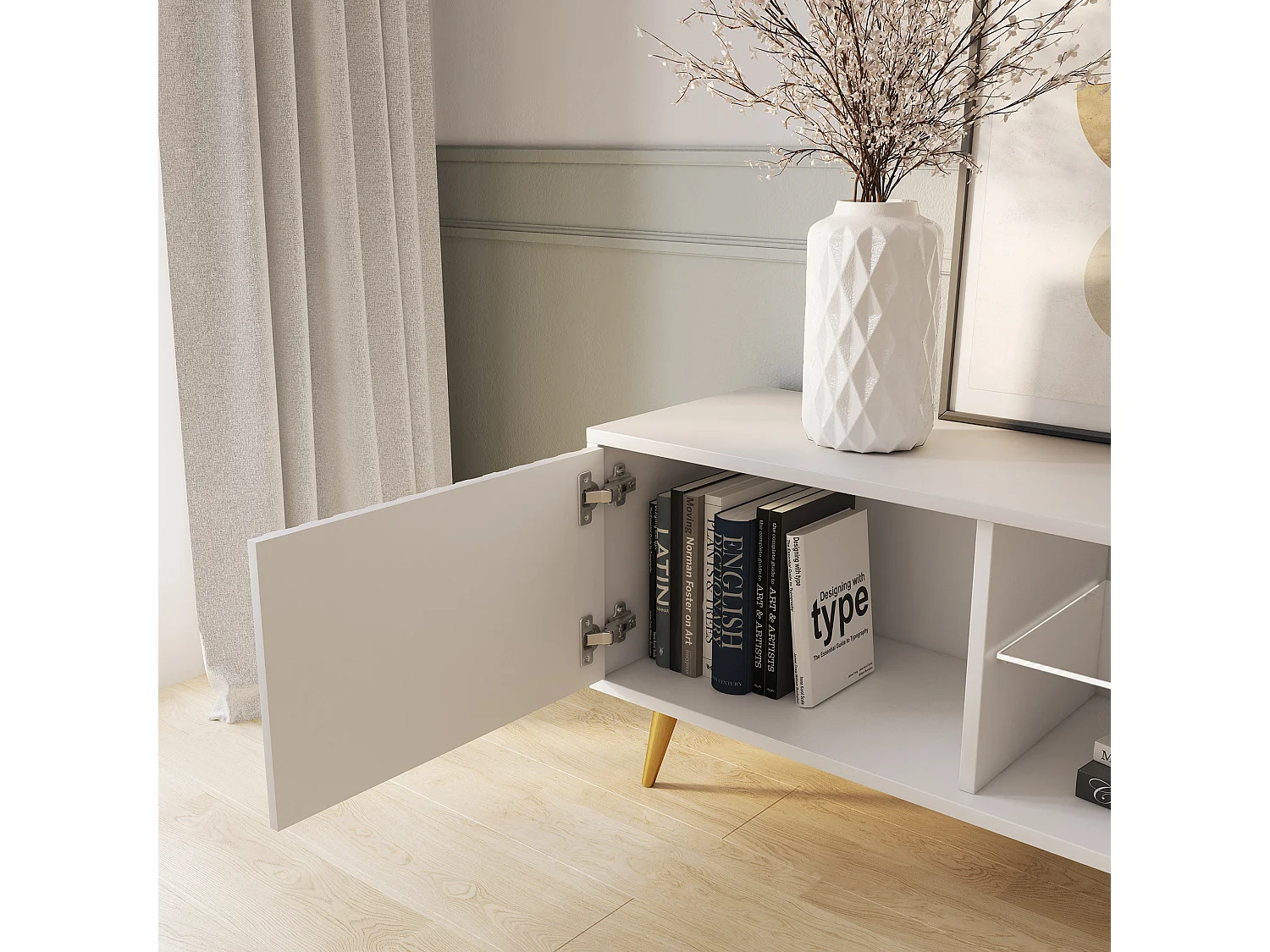 Meuble tv - 135 cm - blanc - façades à lamelles et pieds dorés - avec LED - Selsey Bello