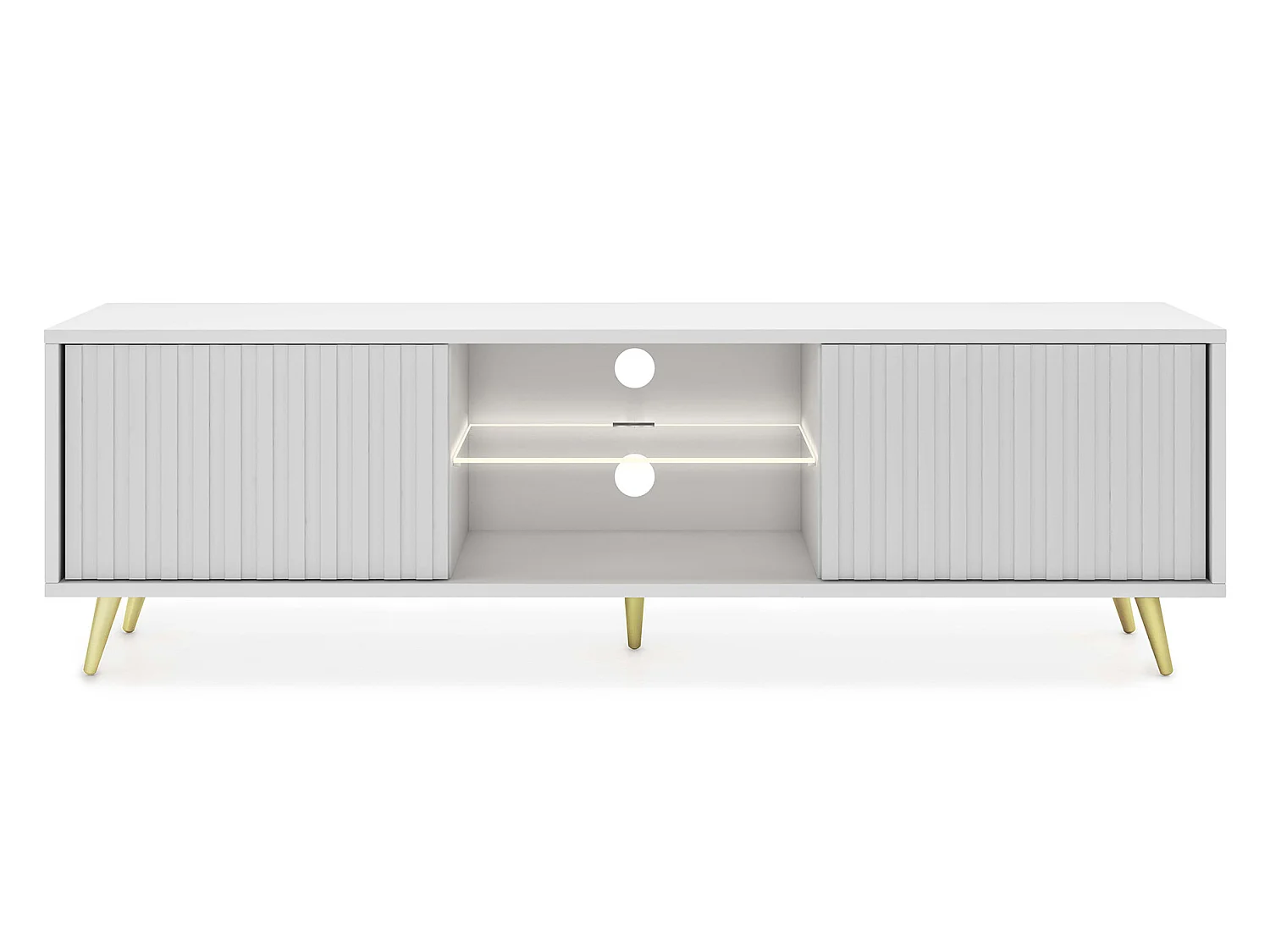Meuble tv - 135 cm - blanc - façades à lamelles et pieds dorés - avec LED - Selsey Bello