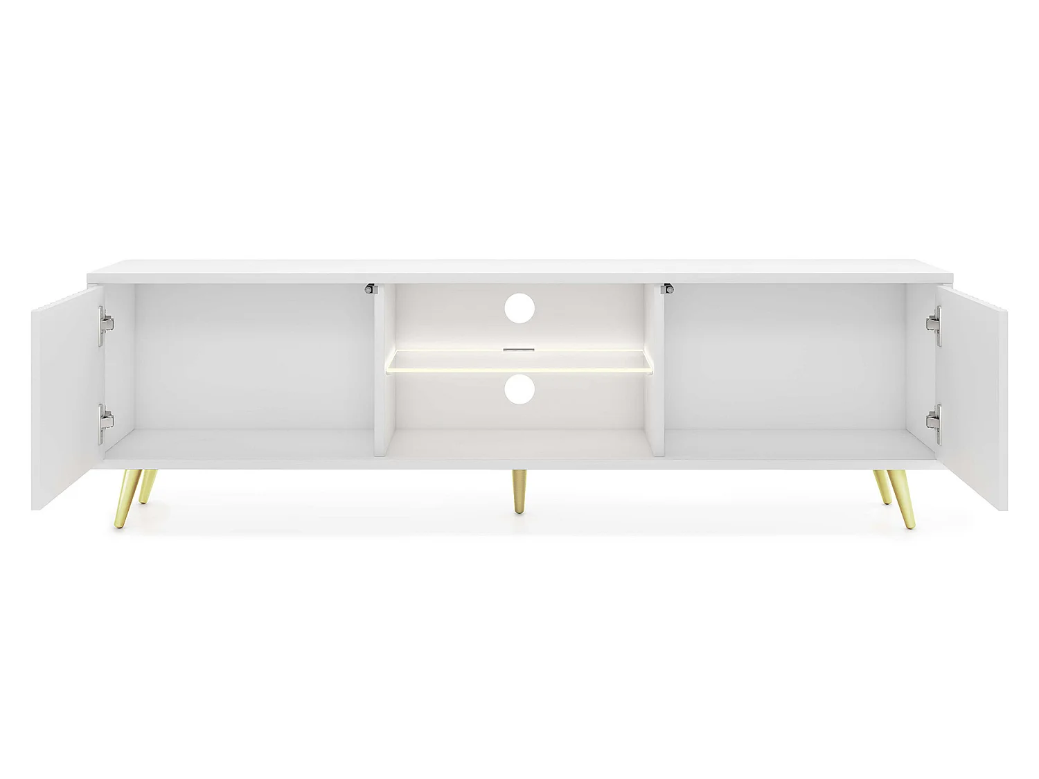 Meuble tv - 135 cm - blanc - façades à lamelles et pieds dorés - avec LED - Selsey Bello