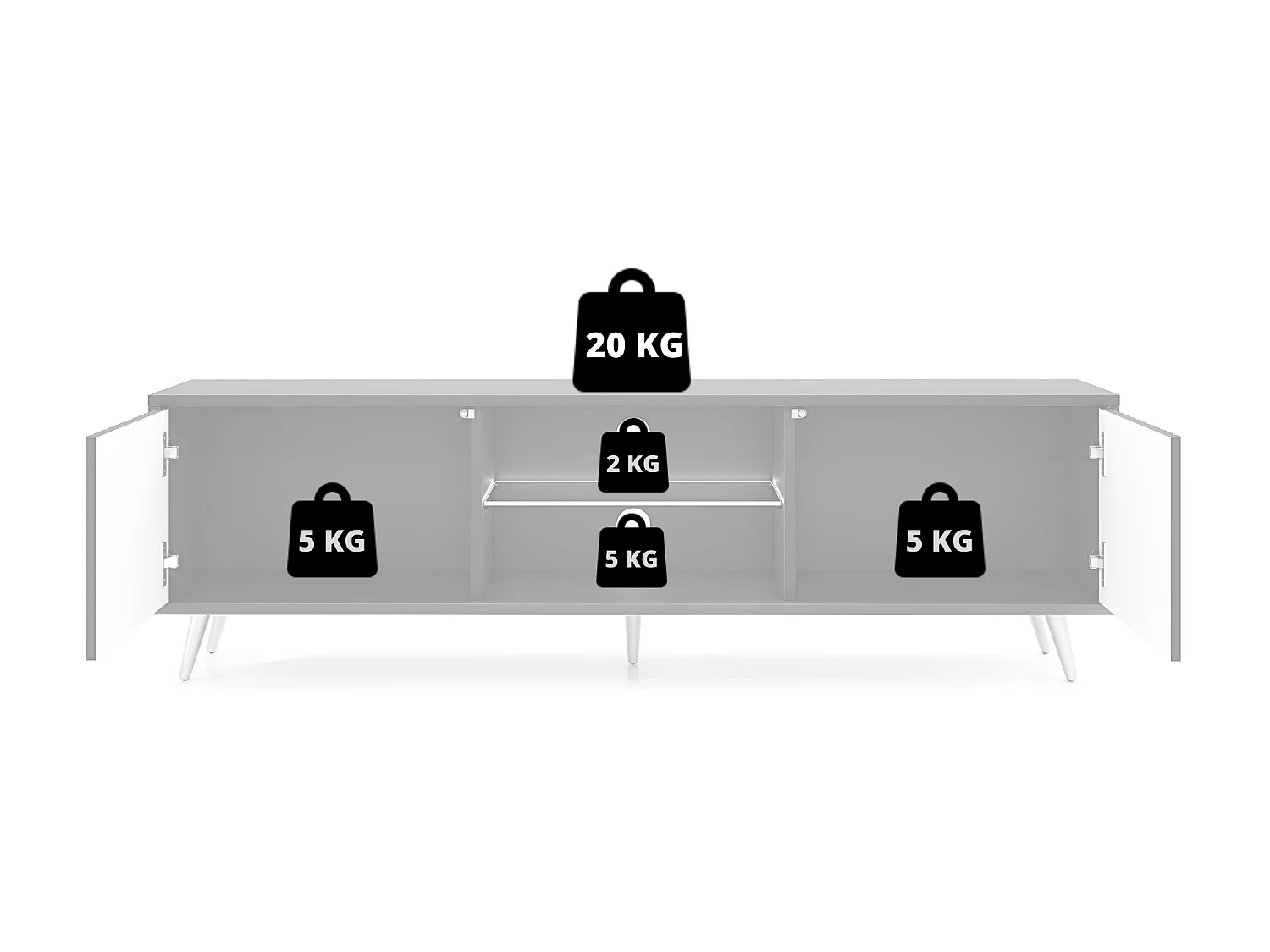 Meuble tv - 135 cm - blanc - façades à lamelles et pieds dorés - avec LED - Selsey Bello