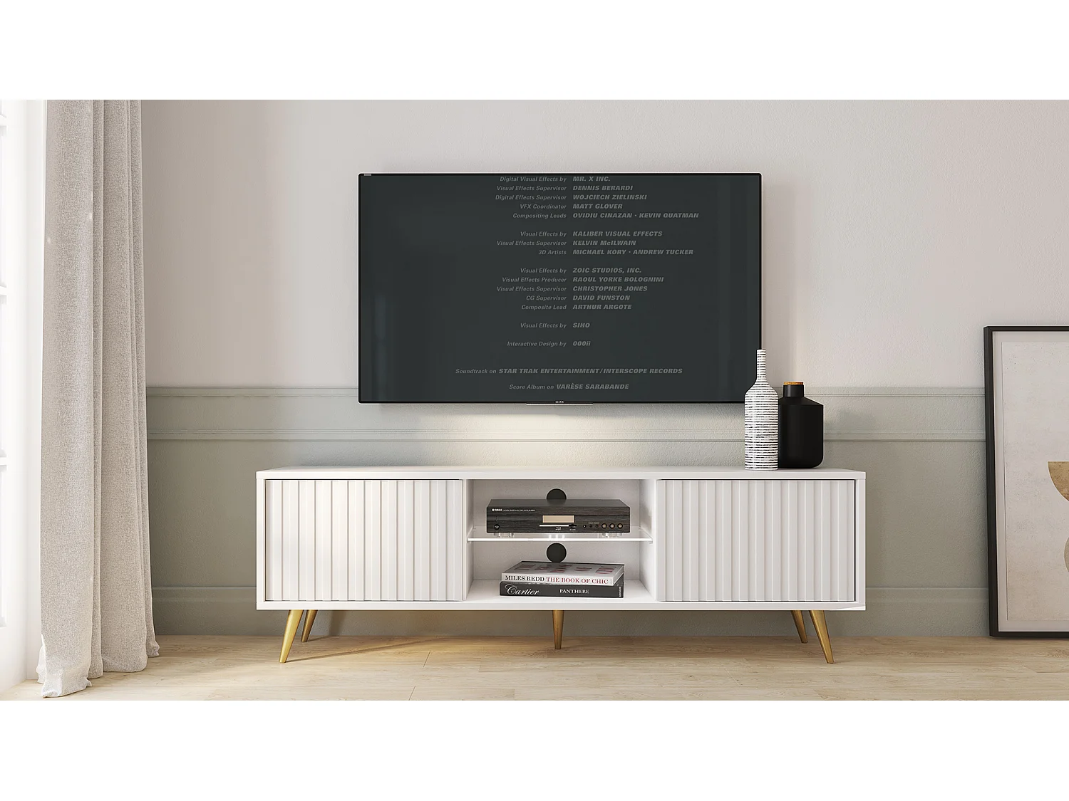 Meuble tv - 135 cm - blanc - façades à lamelles et pieds dorés - avec LED - Selsey Bello