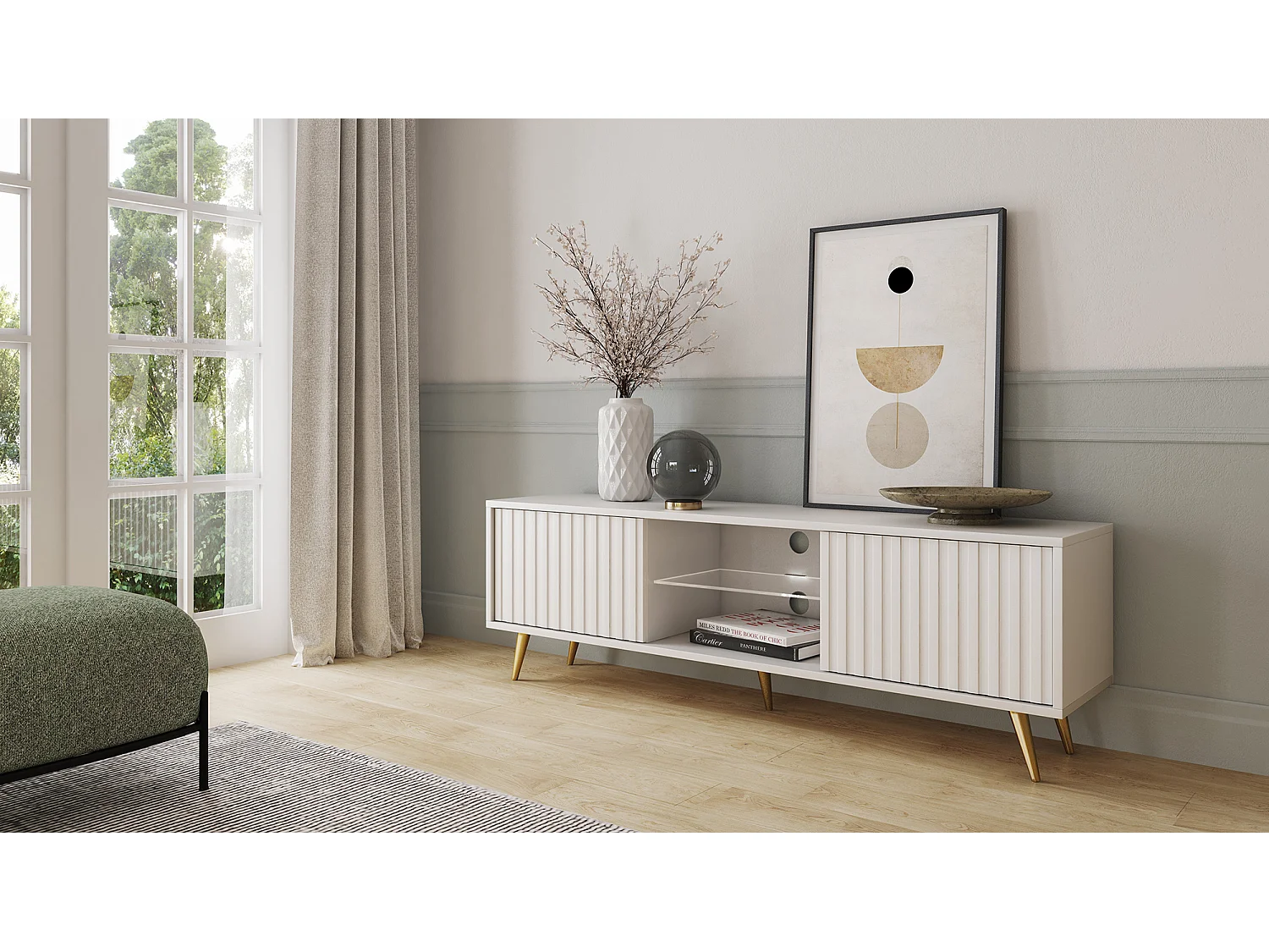 Meuble tv - 135 cm - blanc - façades à lamelles et pieds dorés - avec LED - Selsey Bello