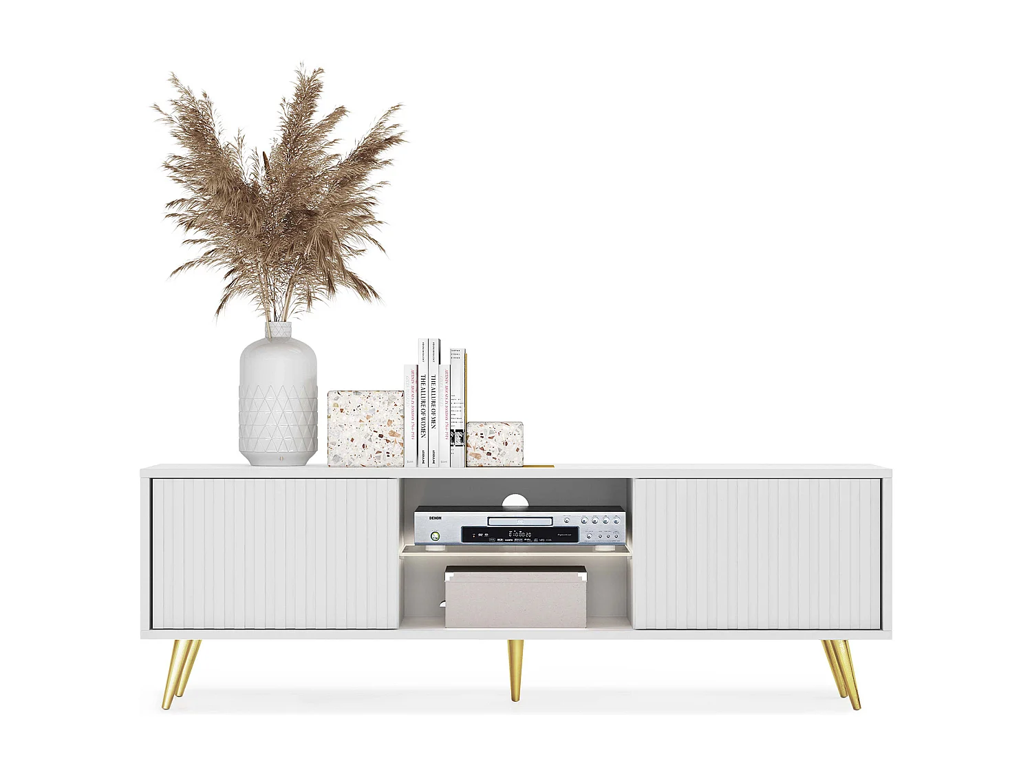 Meuble tv - 135 cm - blanc - façades à lamelles et pieds dorés - avec LED - Selsey Bello