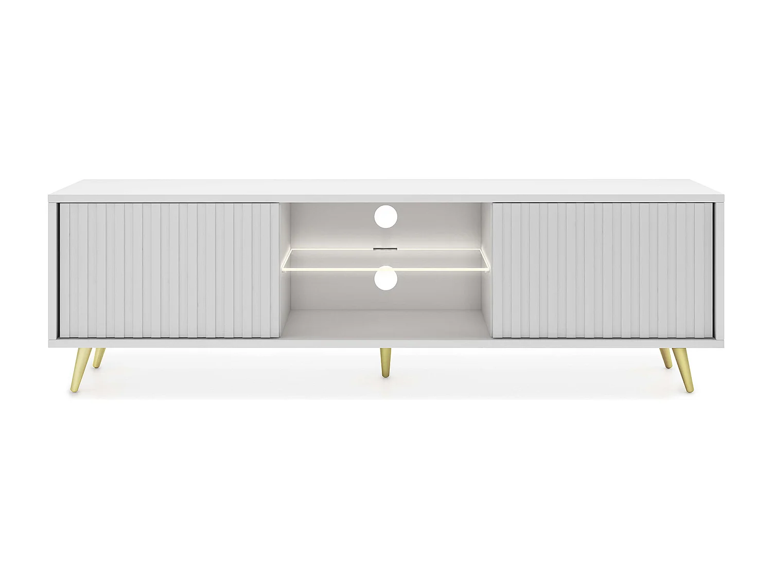 Meuble tv - 135 cm - blanc - façades à lamelles et pieds dorés - avec LED - Selsey Bello