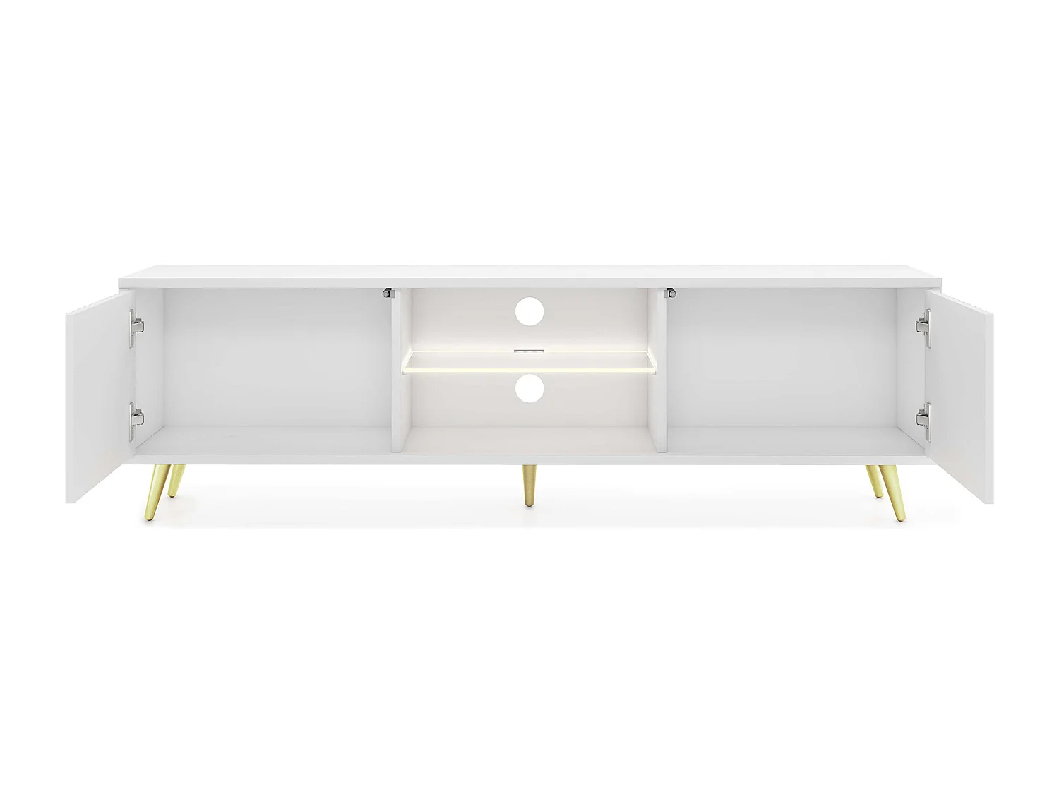 Meuble tv - 135 cm - blanc - façades à lamelles et pieds dorés - avec LED - Selsey Bello