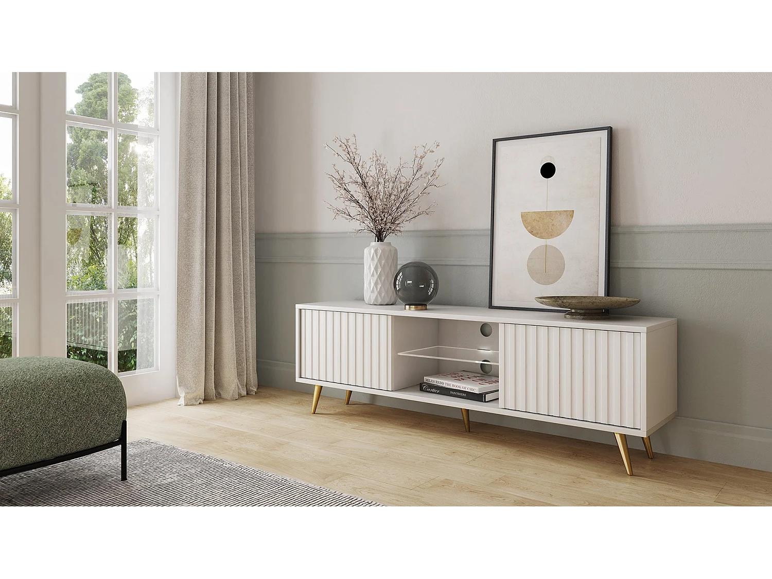 Meuble tv - 135 cm - blanc - façades à lamelles et pieds dorés - avec LED - Selsey Bello