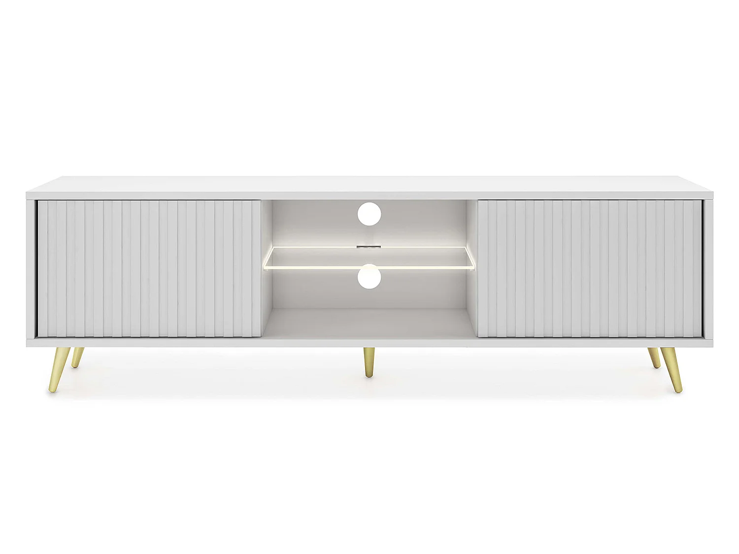 Meuble tv - 135 cm - blanc - façades à lamelles et pieds dorés - avec LED - Selsey Bello