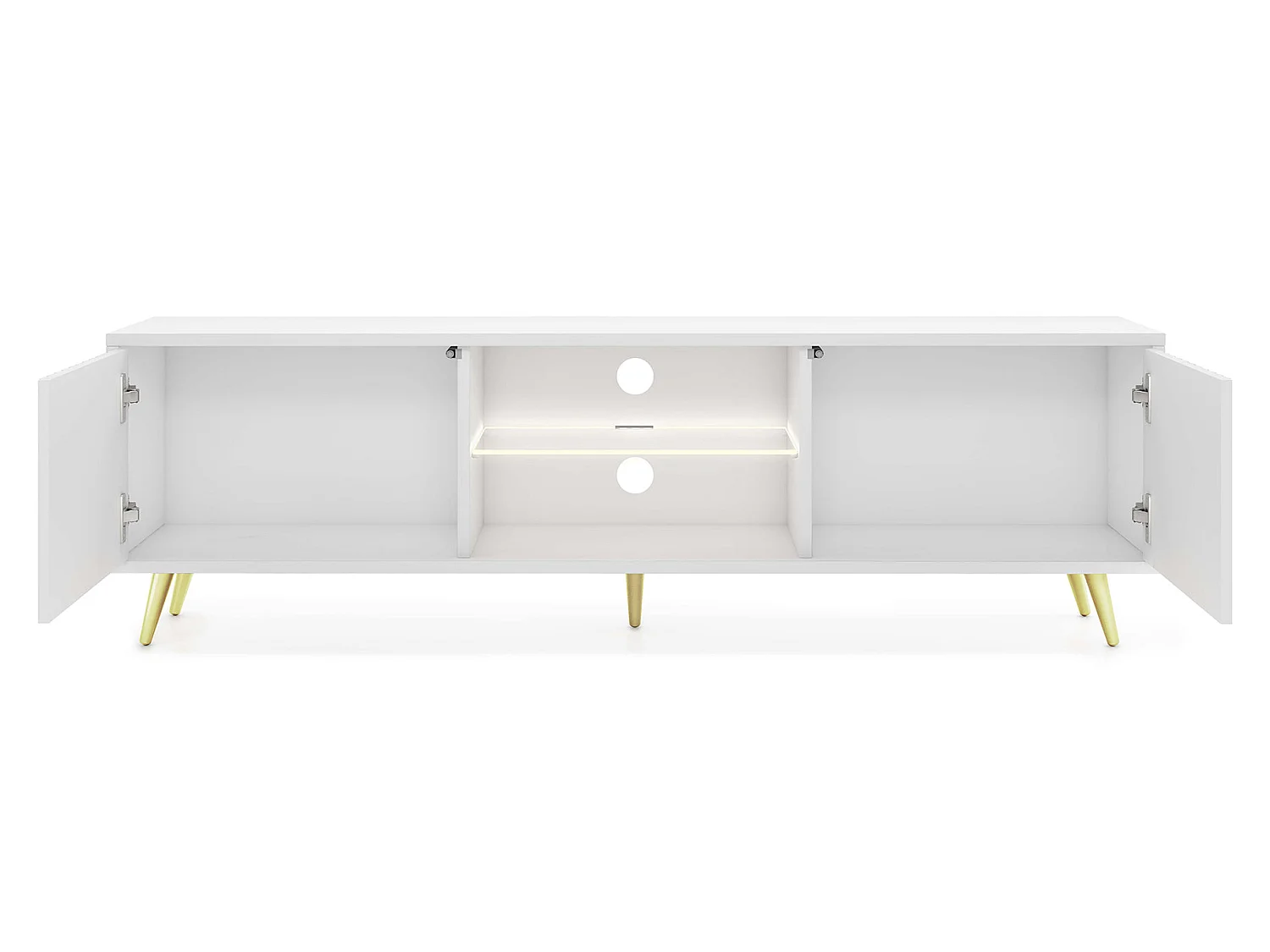 Meuble tv - 135 cm - blanc - façades à lamelles et pieds dorés - avec LED - Selsey Bello