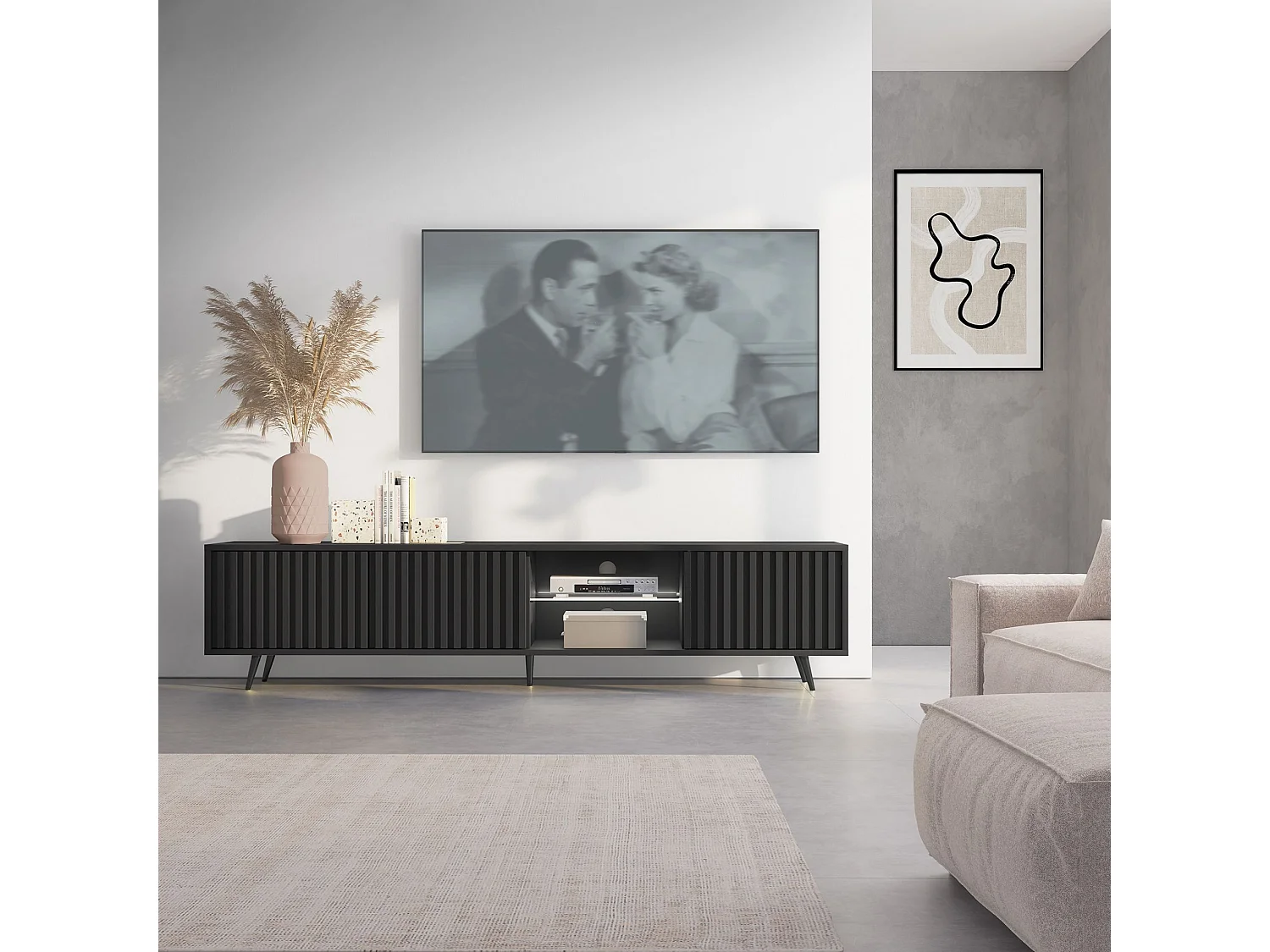 3-deurs LED tv-meubel - 175 cm - zwart met zwarte poten - BELLO