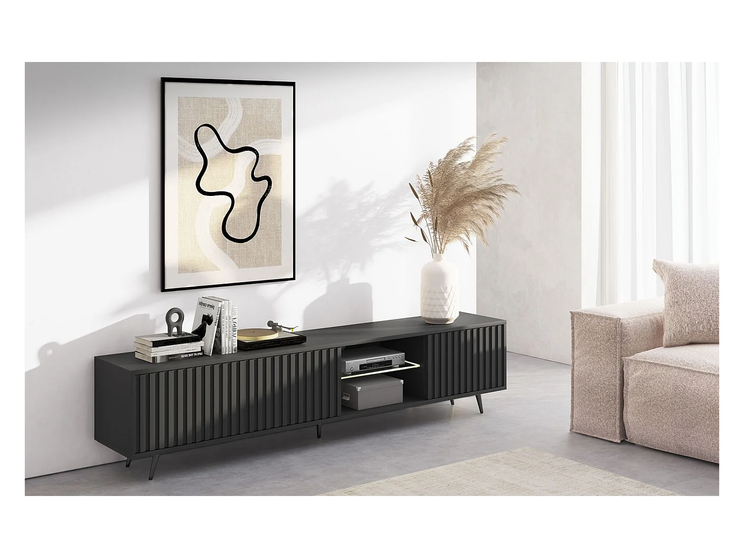 3-deurs LED tv-meubel - 175 cm - zwart met zwarte poten - BELLO