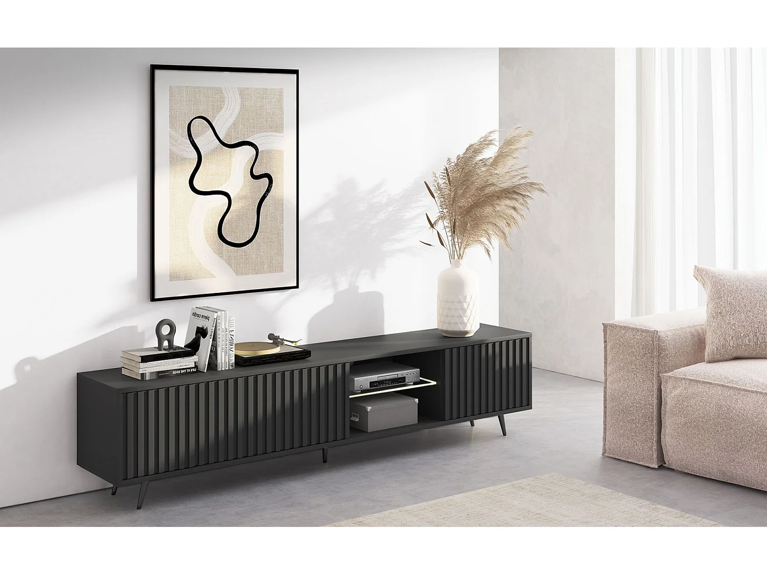 Meuble TV 3 portes led - 175 cm - noir avec pieds noirs - BELLO