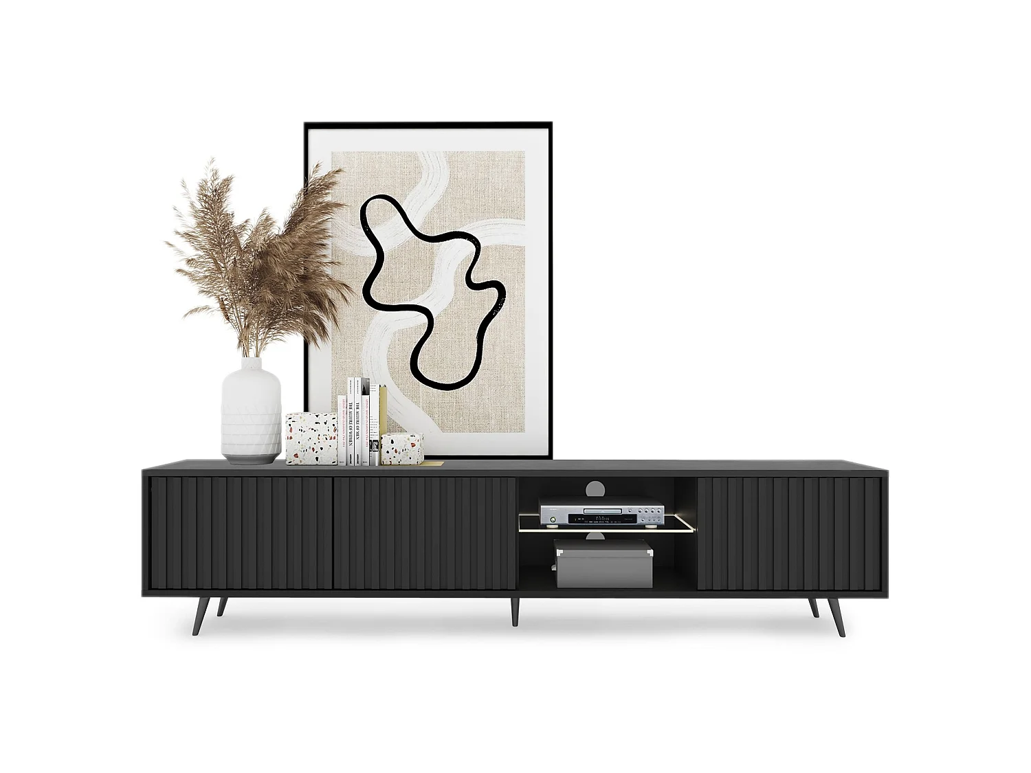 Meuble TV 3 portes led - 175 cm - noir avec pieds noirs - BELLO