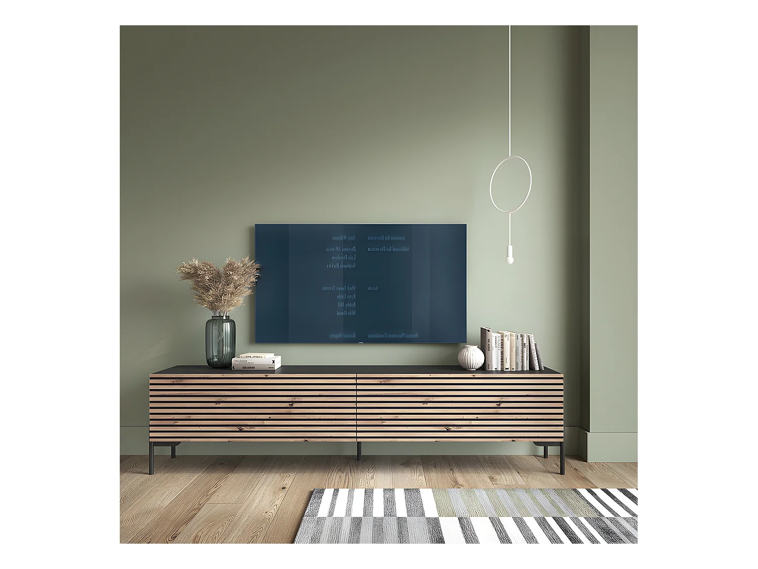 Meuble TV 140 cm - noir/lattes de chêne - LAMMELO