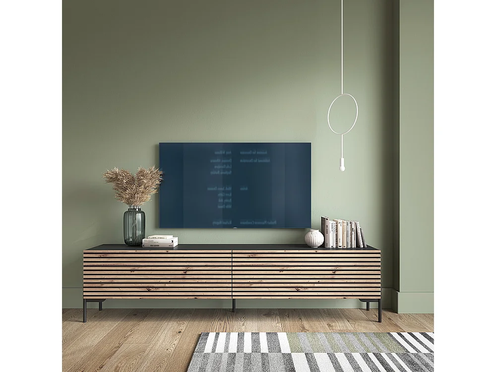 Meuble TV 140 cm - noir/lattes de chêne - LAMMELO