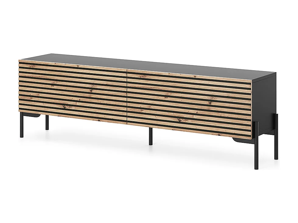 Meuble TV 140 cm - noir/lattes de chêne - LAMMELO
