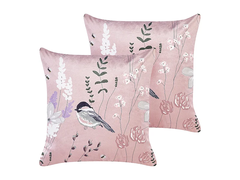 Set aus 2 Kissen aus Samt Dekorative Blumen-Tier-Muster 45 x 45 cm Rosa Cyclamen