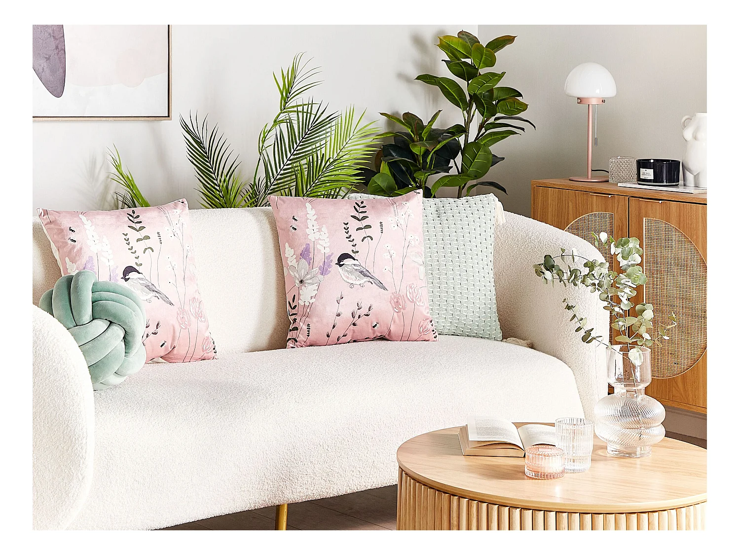 Lot de 2 coussins décoratifs CYCLAMEN Velours 45 x 45 cm Rose pastel Motif floral