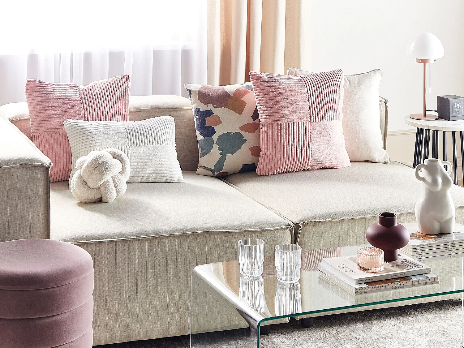 Lot de 2 coussins décoratifs MILLET Velours côtelé 43 x 43 cm Rose Motif géométrique