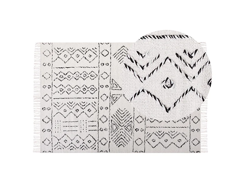 Wollteppich Weiß /Schwarz Aztekenmuster Modern Vintage 140 x 200 cm Alkent
