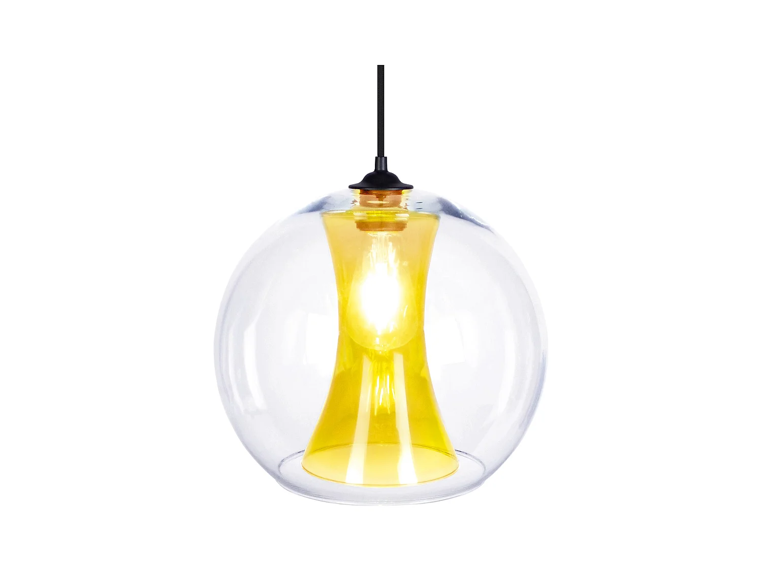 Suspension globe verre transparent, jaune 80 cm.