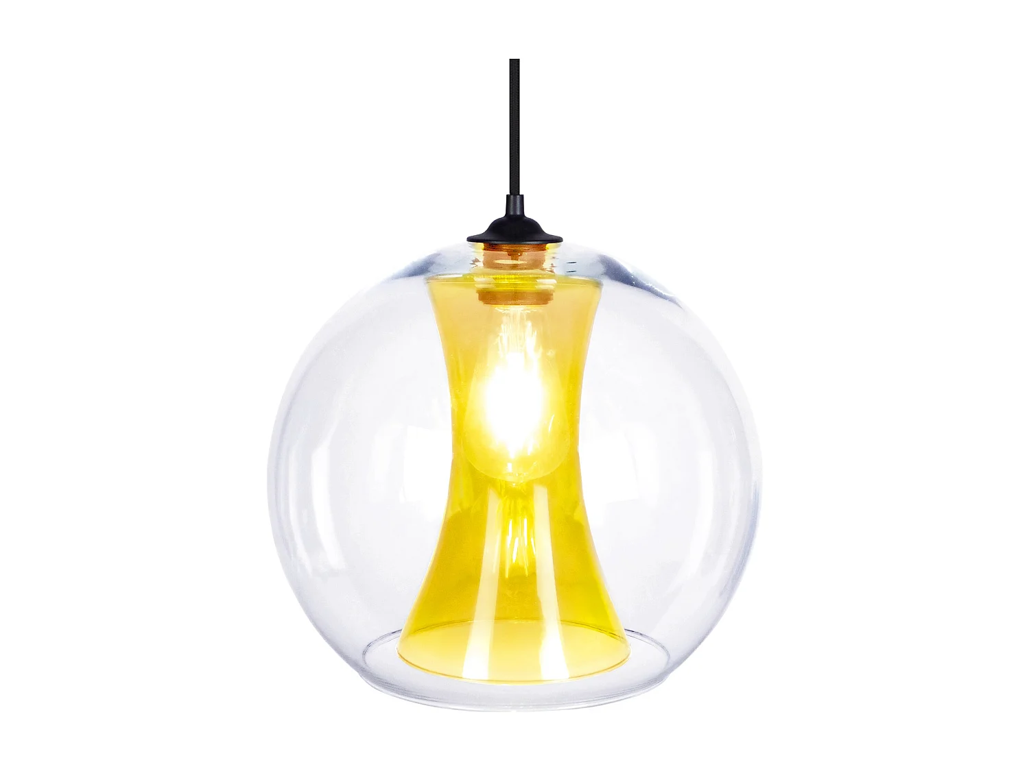 Suspension globe verre transparent, jaune 80 cm.