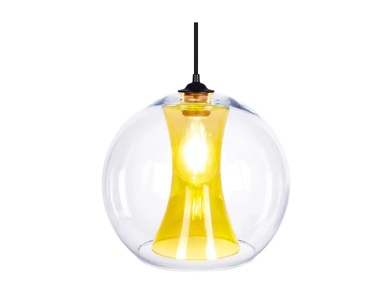 Suspension globe verre transparent, jaune 80 cm.