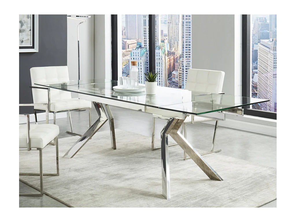 Table à manger extensible 6 à 8 personnes en verre trempé et métal - Transparent - VELIKA