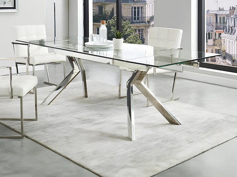 Table à manger extensible 6 à 8 personnes en verre trempé et métal - Transparent - VELIKA