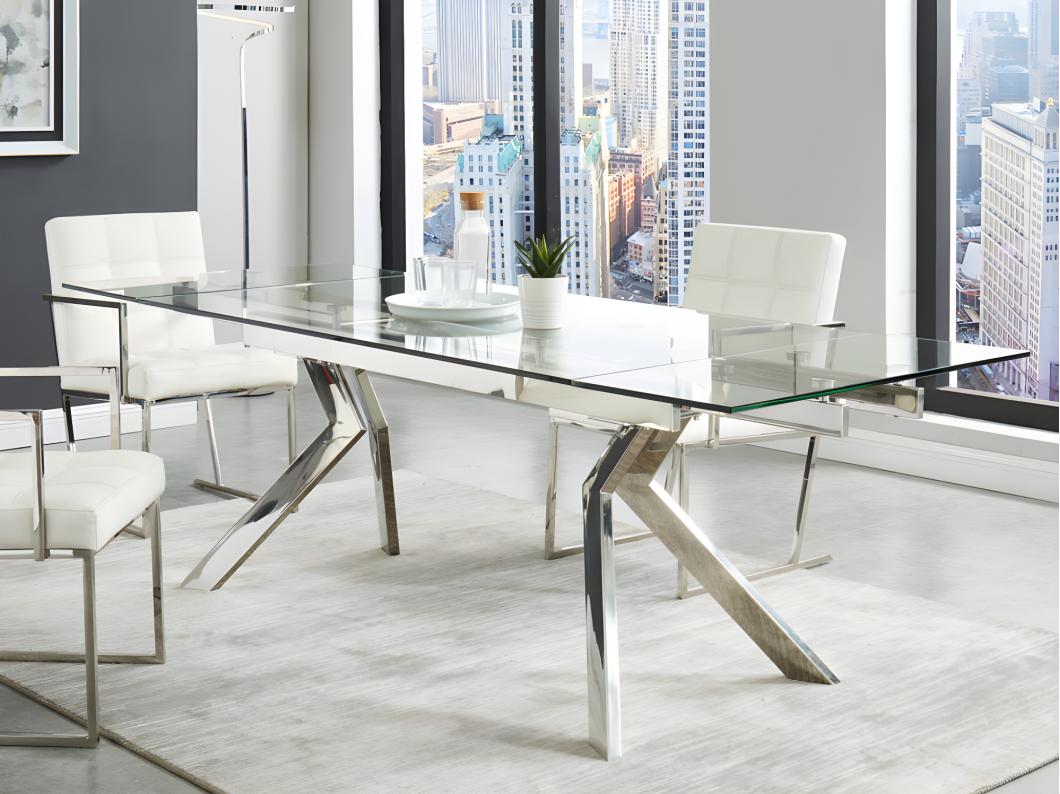 Table à manger extensible 6 à 8 personnes en verre trempé et métal - Transparent - VELIKA