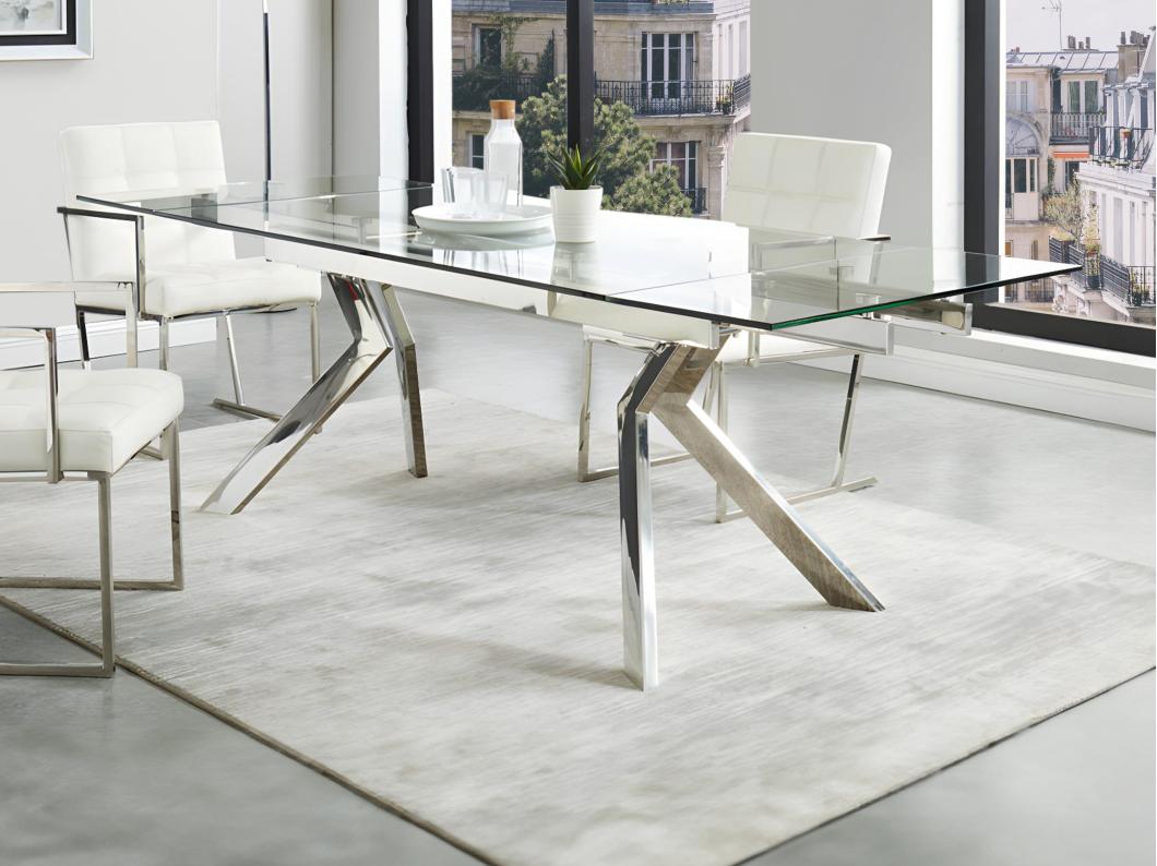 Mesa de comedor extensible VELIKA - Cristal templado y metal - 6 a 8 comensales