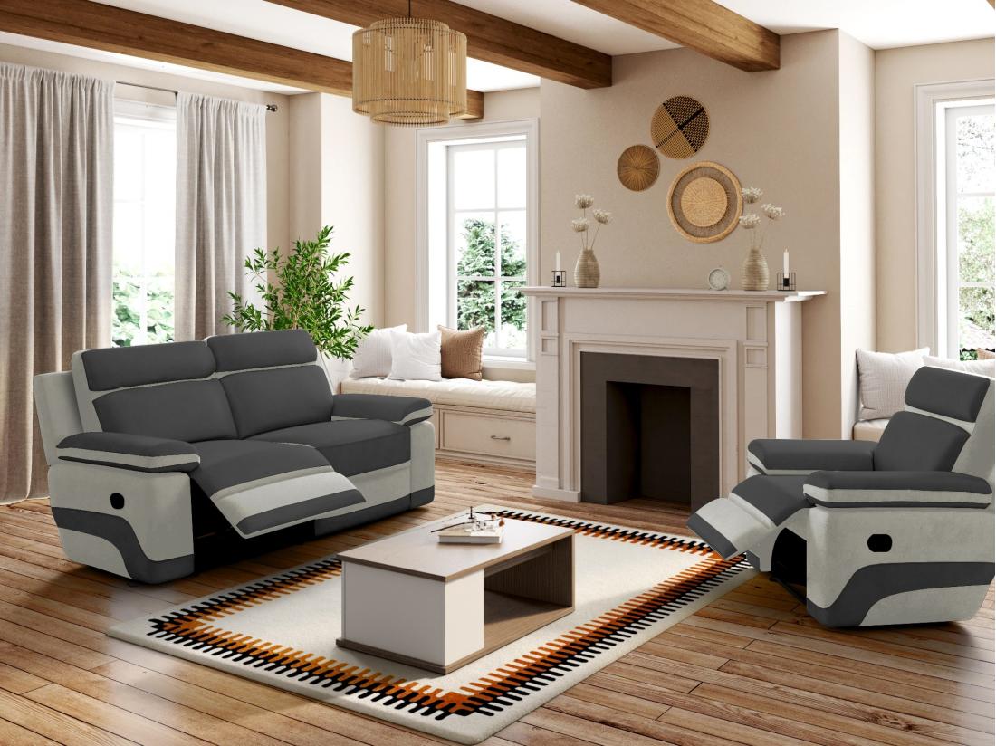 vente unique Canapé 3 places et un fauteuil relax en microfibre anthracite et bandes gris clair TALCA