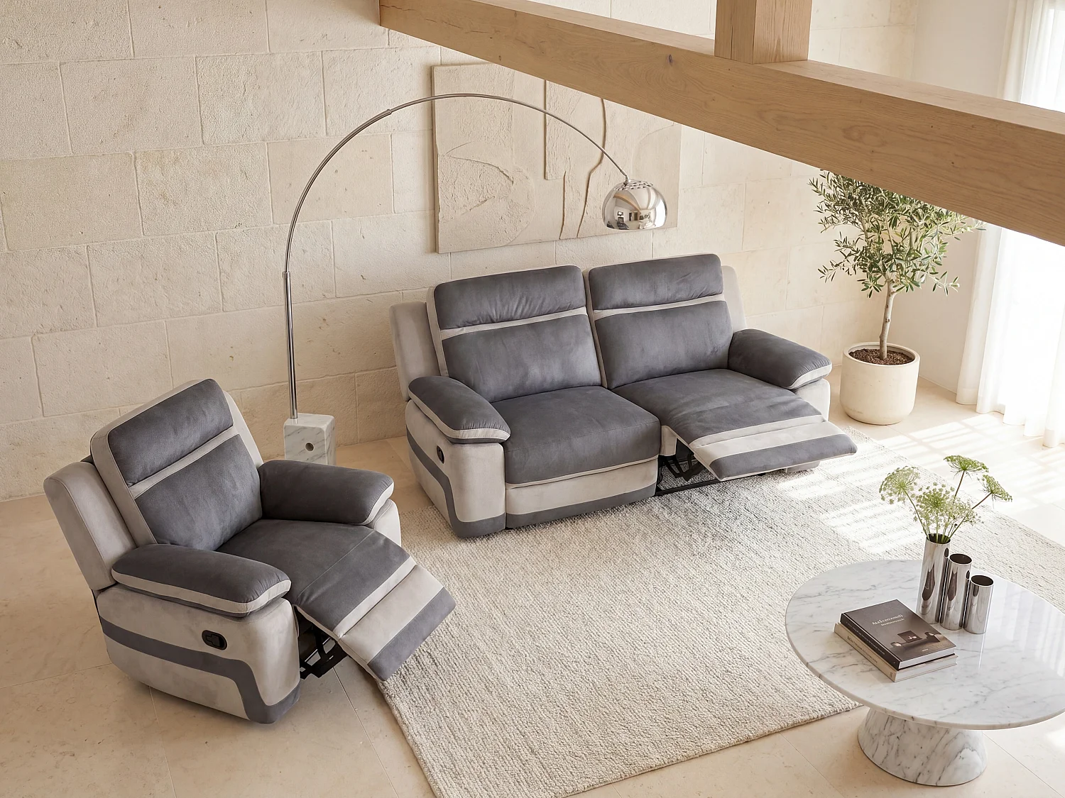 3-sits reclinersoffa och fåtölj i antracitgrå mikrofiber med ljusgrå ränder TALCA