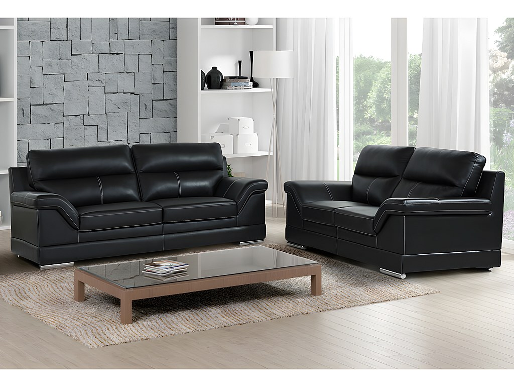Couchgarnitur 3+2 - Büffelleder - Schwarz - MONIKA