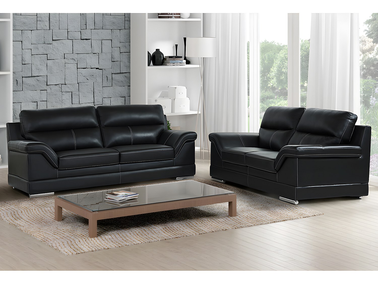 Vente-unique Couchgarnitur - Büffelleder - Schwarz - Monika