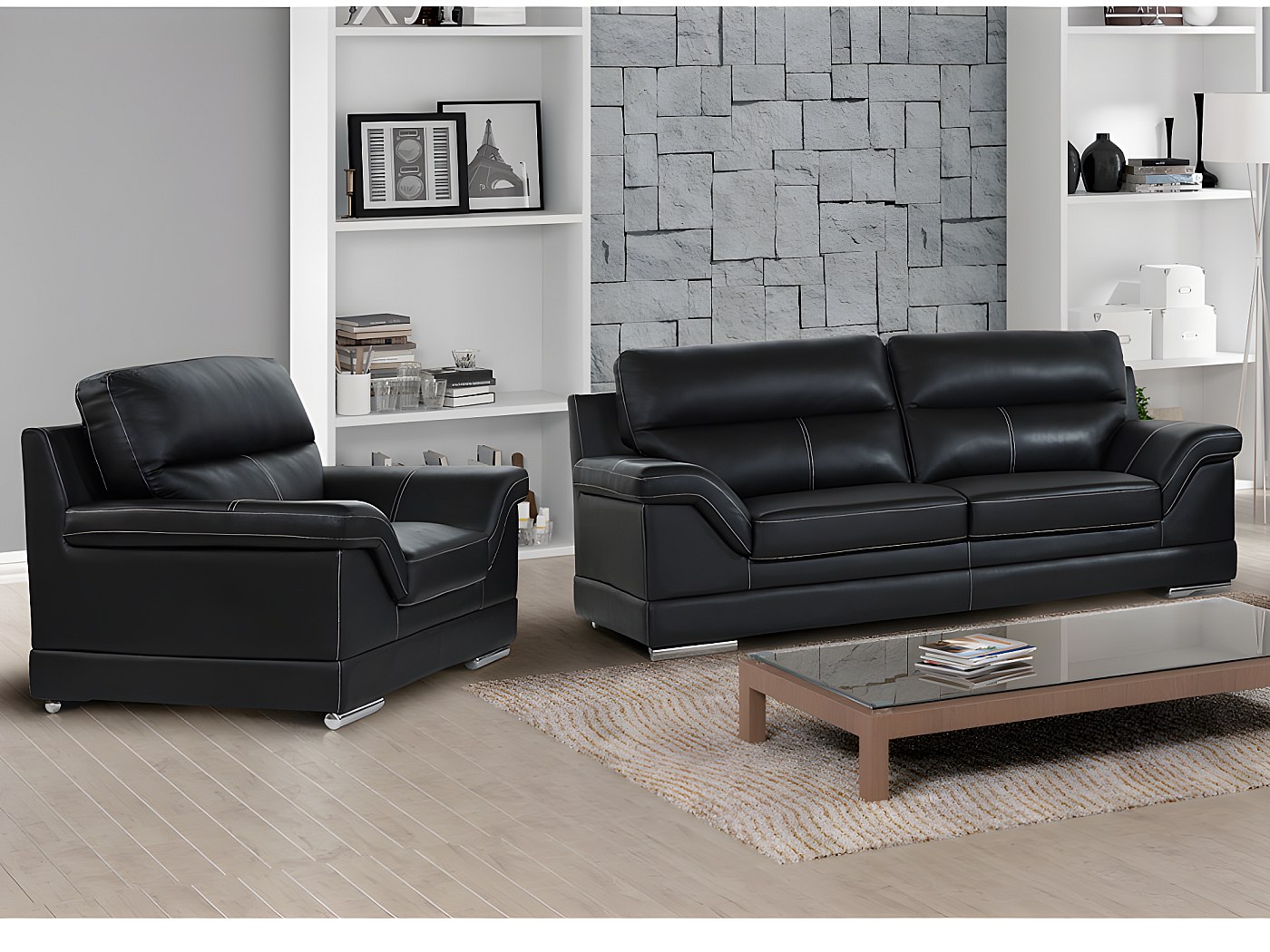 Sofá de 3 plazas y sillón de piel de búfalo negra MONIKA