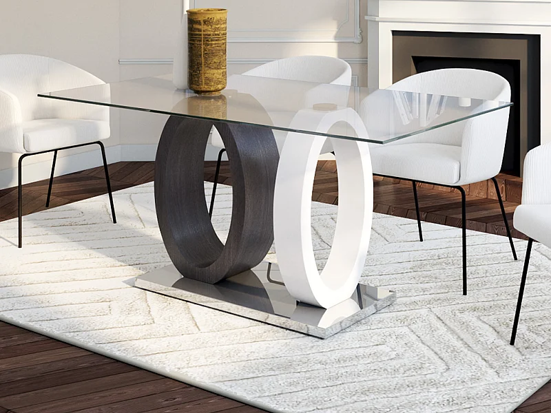 Table à manger AYANE - 6 personnes - Verre trempé et MDF - Gris & Blanc