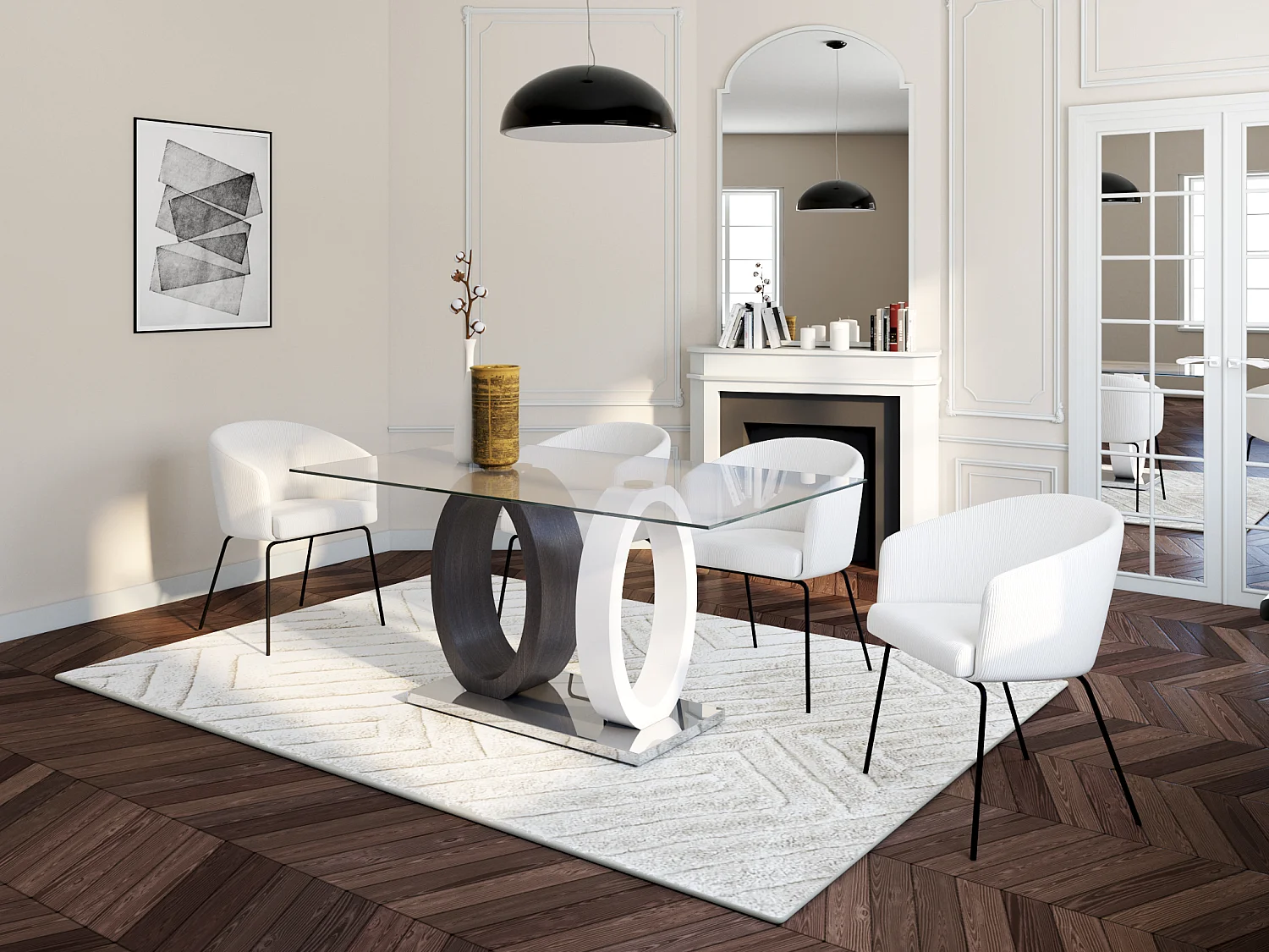 Table à manger AYANE - 6 personnes - Verre trempé et MDF - Gris & Blanc