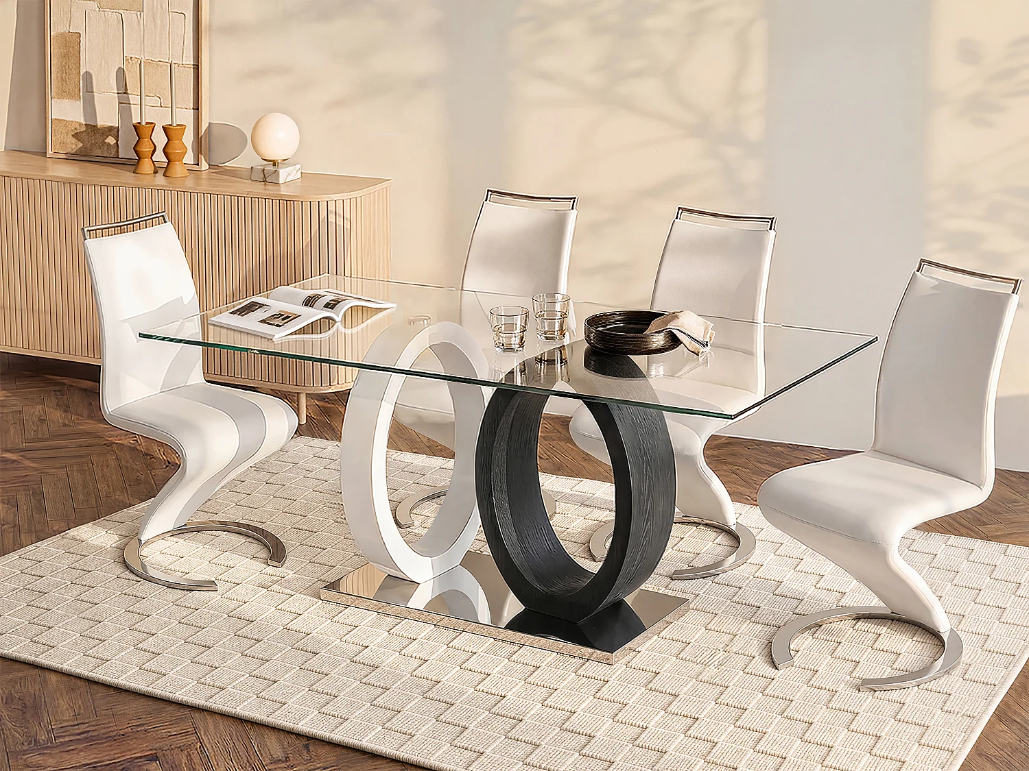 Eettafel AYANE - 6 personen - Gehard glas en MDF - grijs en wit